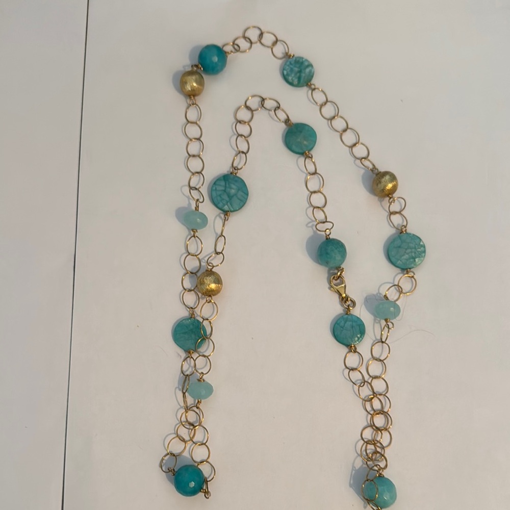 Deborah Gaspar Gold and Blue Necklace with Delicate Chain and Beads